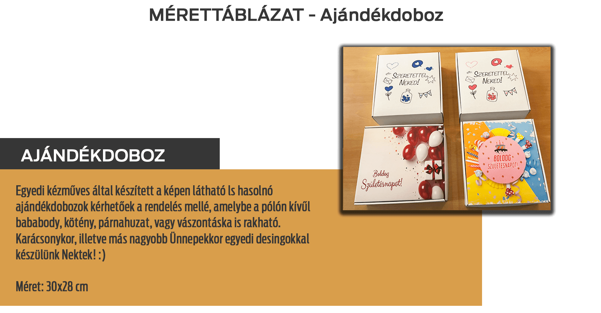 Ajándékdoboz mérettáblázat
