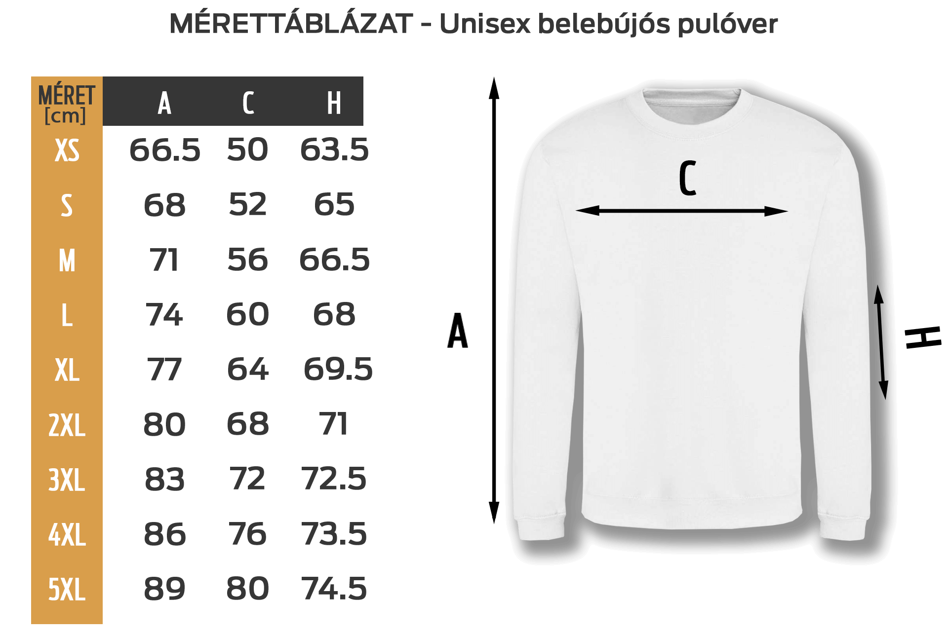 Belebújós pulóver mérettáblázat