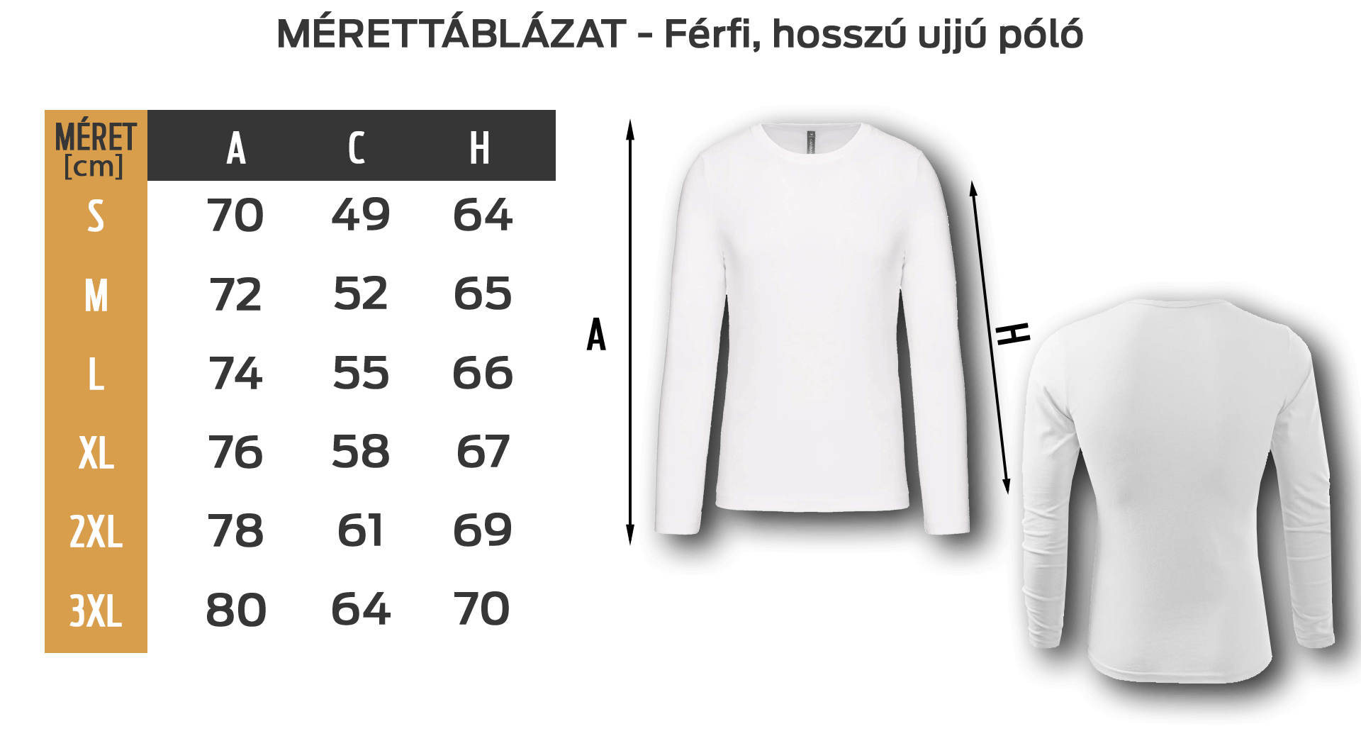 Hosszú ujjú mérettáblázat
