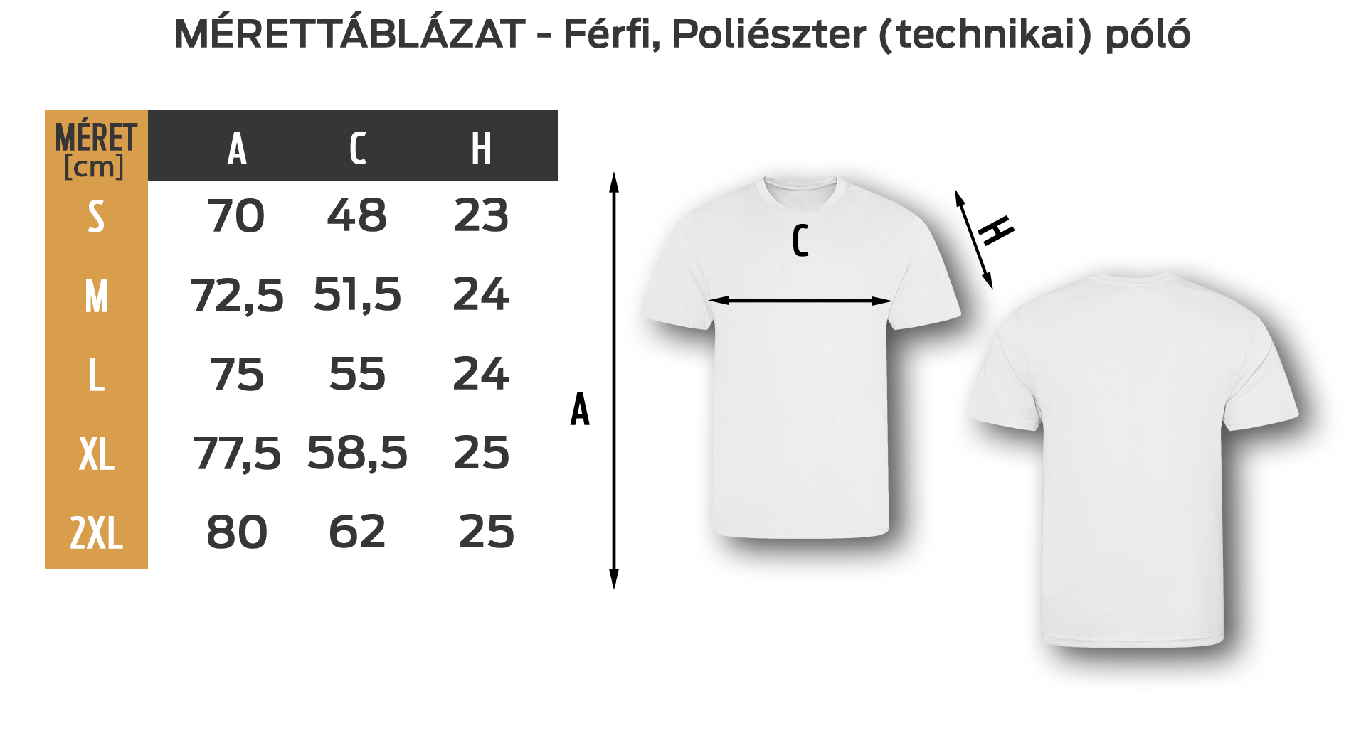 Poliészter mérettáblázat