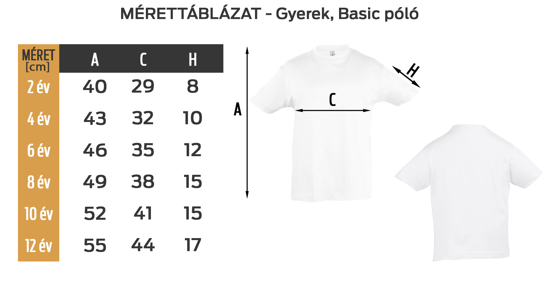 Gyerek basic mérettáblázat