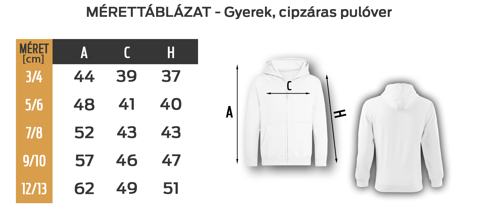 Gyerek cipzáras mérettáblázat