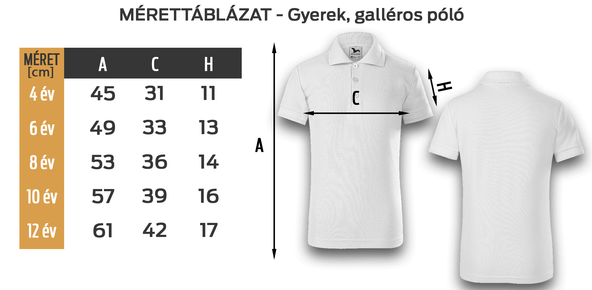 Gyerek galléros mérettáblázat