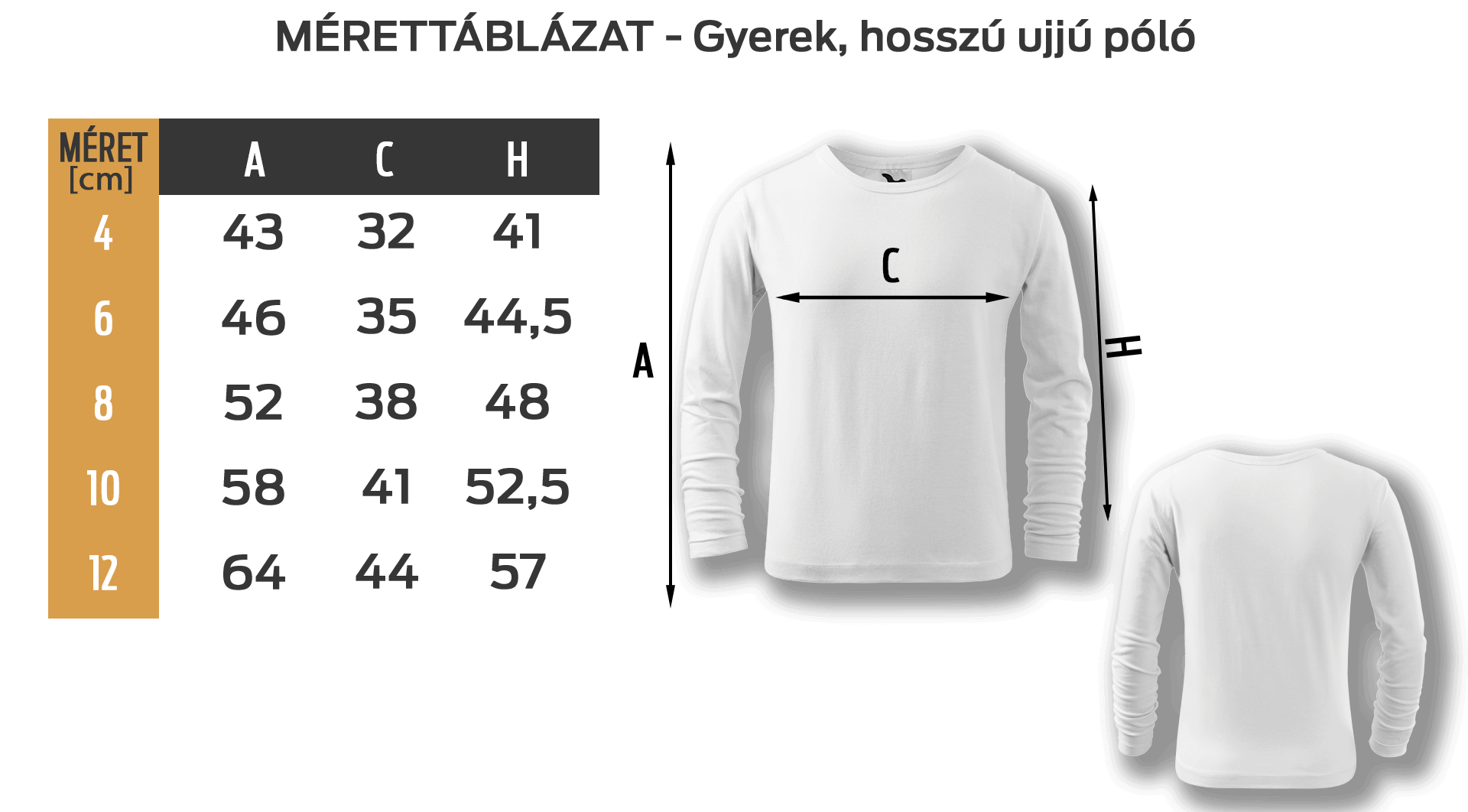 Gyerek hosszú ujjú mérettáblázat