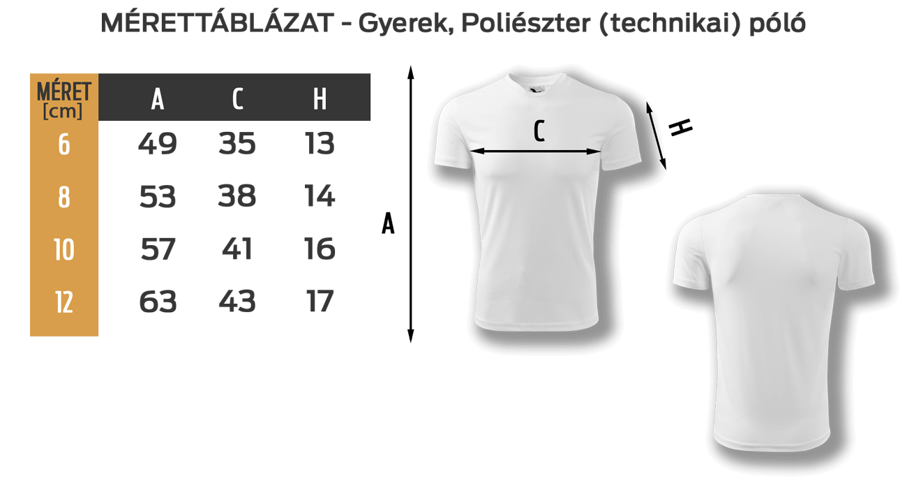 Gyerek poliészter mérettáblázat