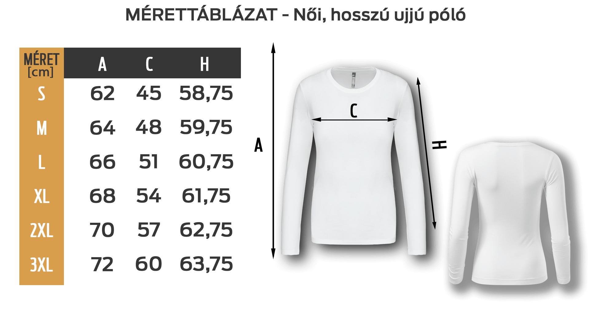 Hosszú ujjú mérettáblázat