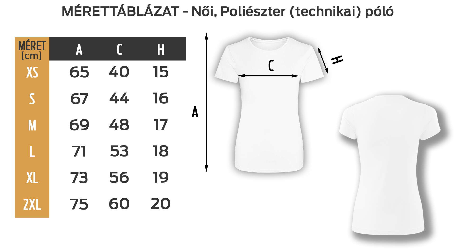 Poliészter mérettáblázat