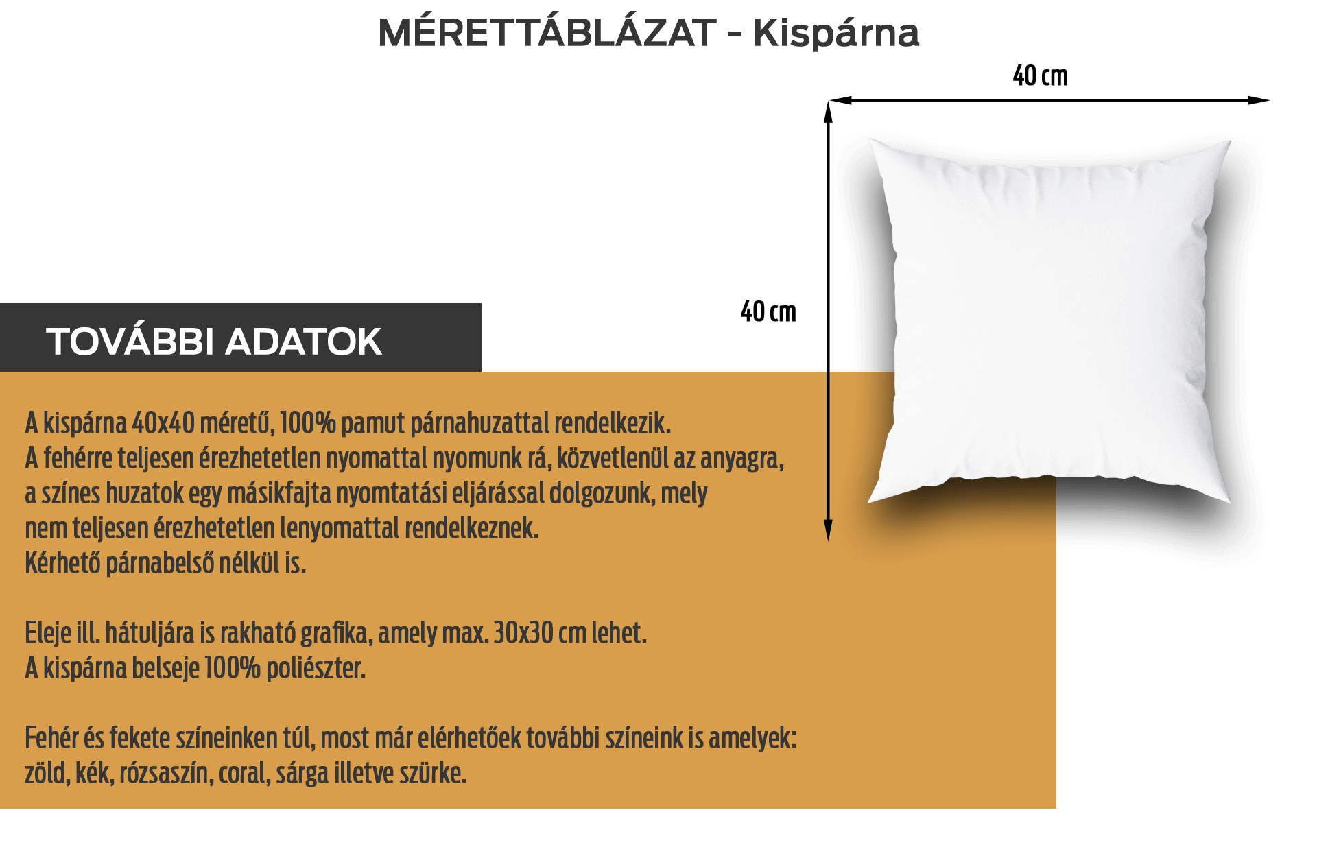 Kispárna 40×40 mérettáblázat