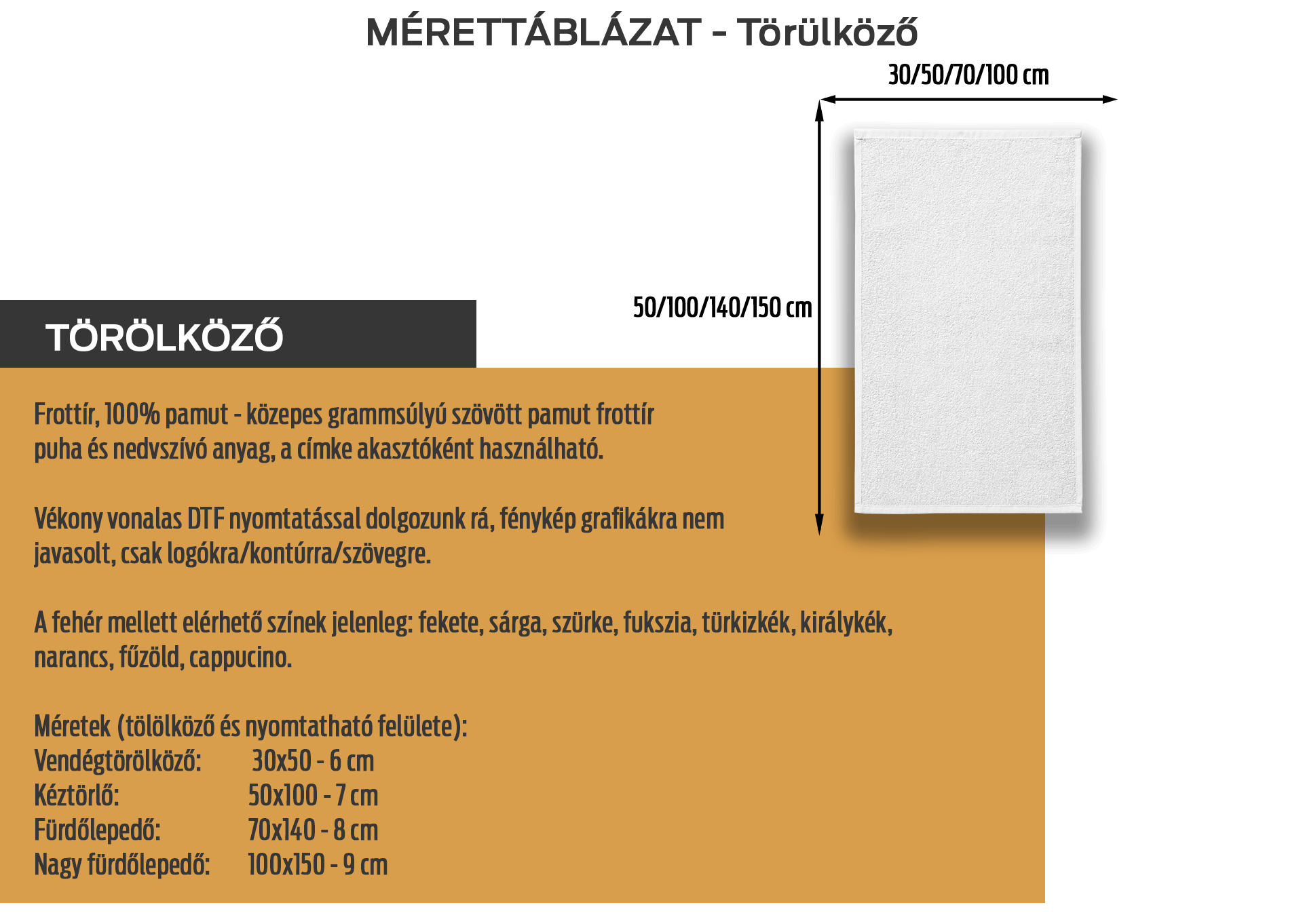 Törölköző 70×140 mérettáblázat
