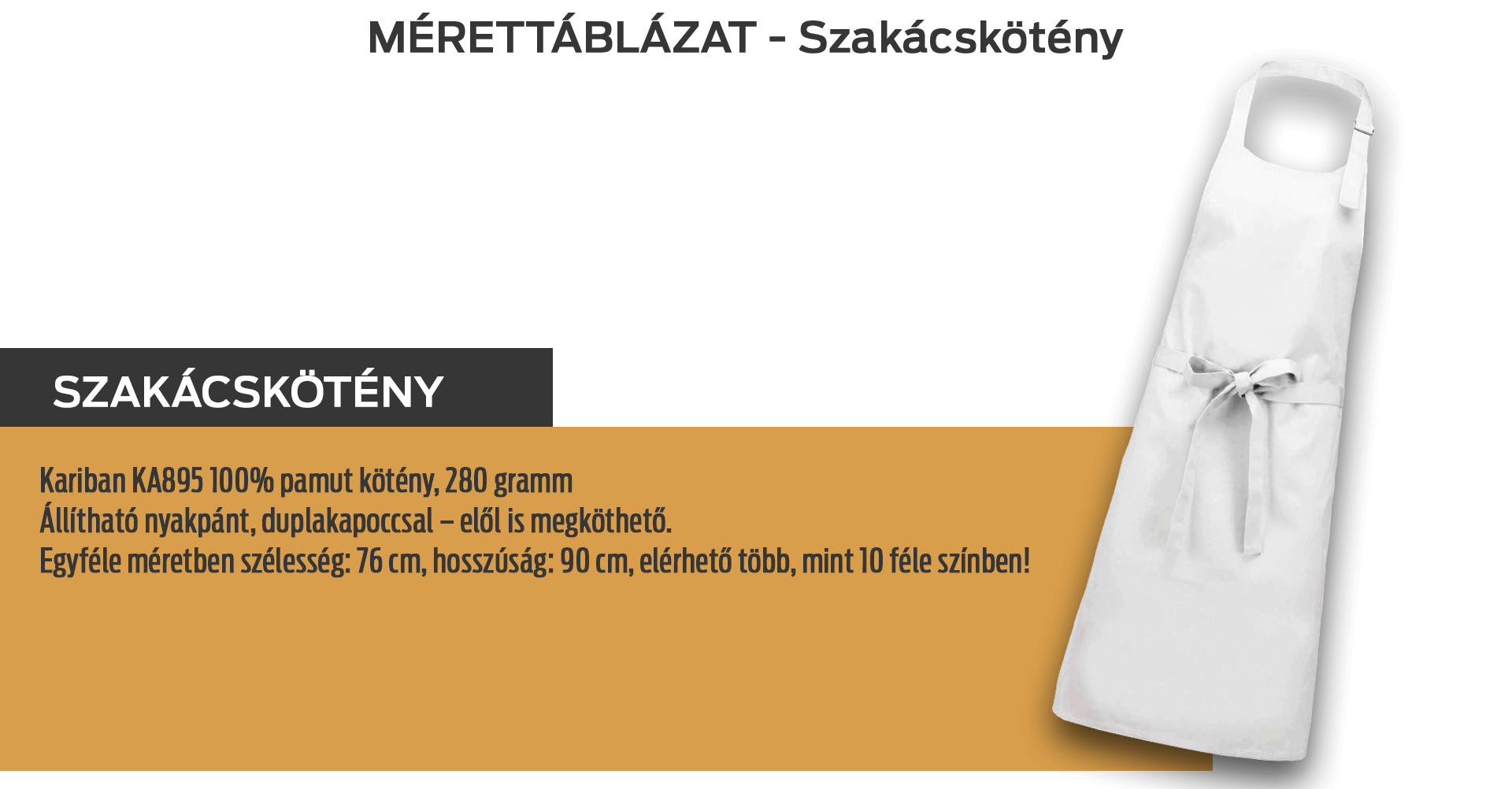 Szakács kötény mérettáblázat