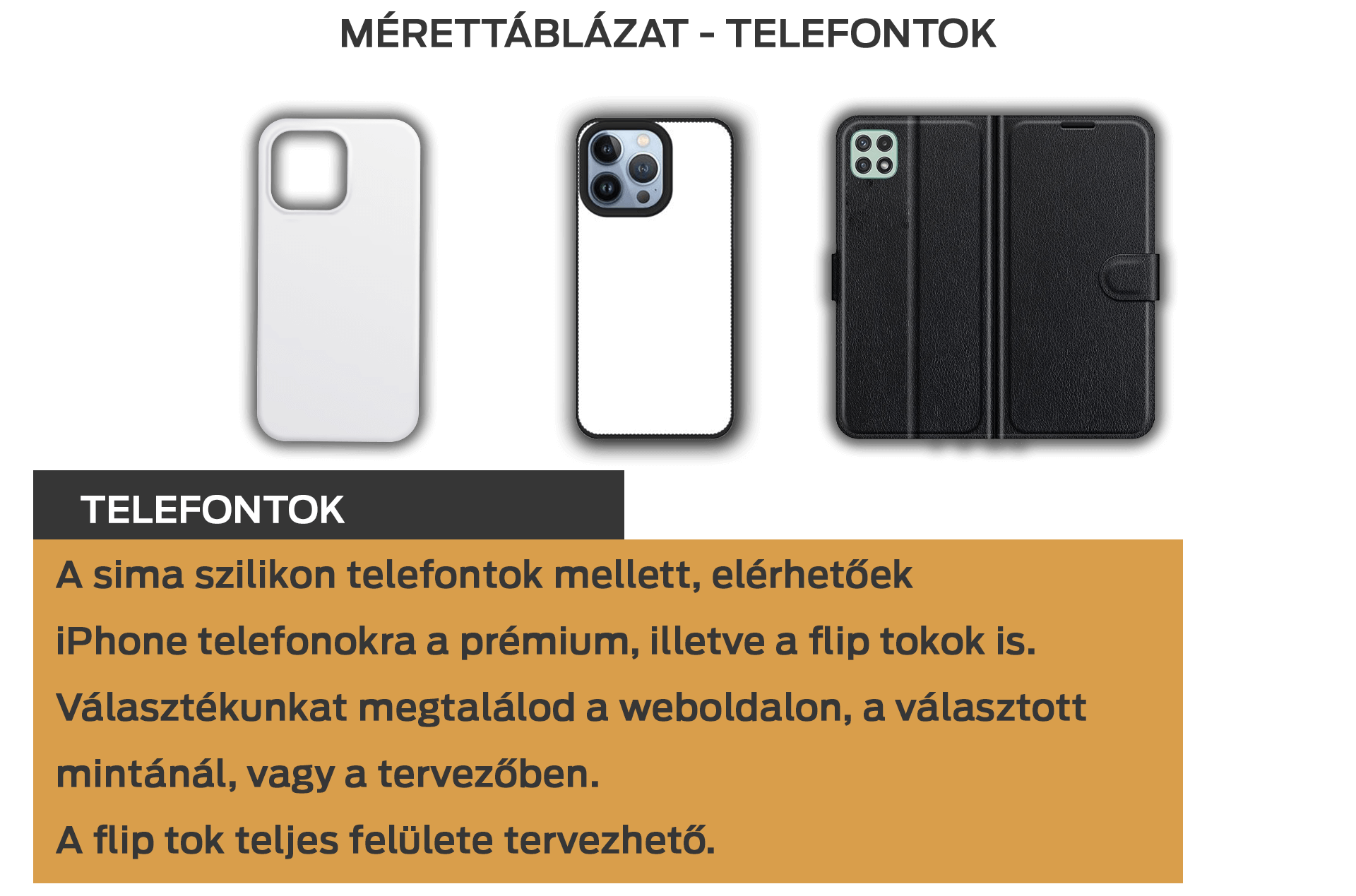 Telefontok mérettáblázat